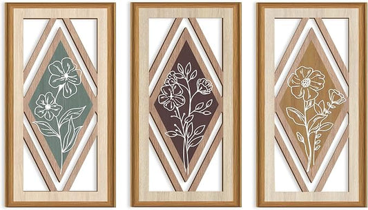 Celestdeco 3 Pcs Boho Flower Wall Decor,Boho Flower Wood Wall Art,Bohemian Floral Artwork Wooden,Botanical Modern Wood Art,Minimalist Wildflower Wooden Art Abstract for Living Room Bedroom Office