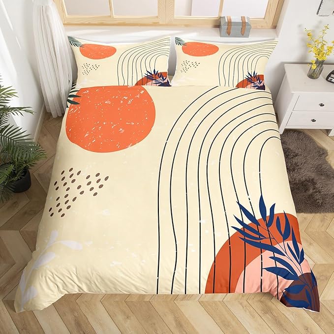 Erosebridal Retro Minimalism Bed Set Hippie Modern Duvet Cover, Mid Century Bedding Set Twin Abstract Art Comforter Cover, Geometric Lines Stripes Bed Cover Red Sun Print Bedroom Decoratives