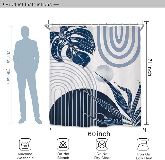 Miyotaa Abstract Blue Minimalist Shower Curtain Set 60Wx71H Inches Modern Aesthetic Mid Century Leaves Contemporary Neutral Plant Waterproof Bathroom Curtain with 12 Hooks