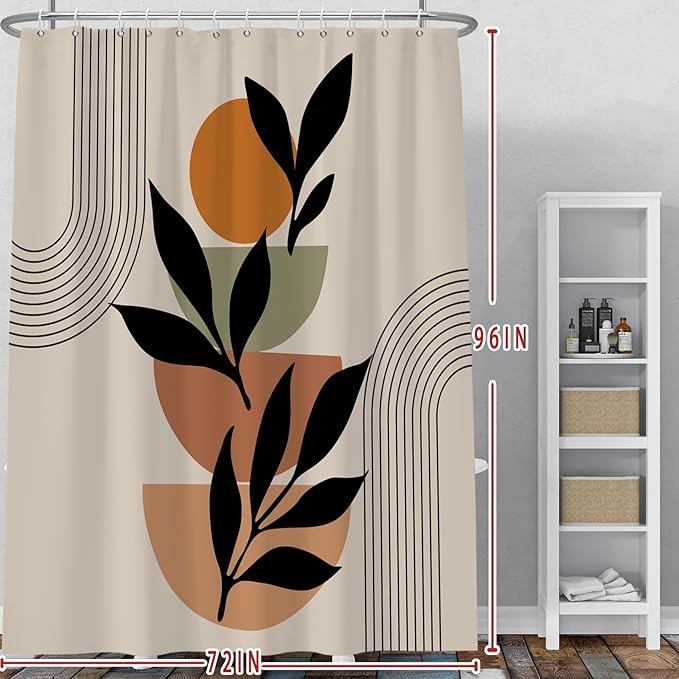 Baocicoo Boho Mid Century Shower Curtain Set Modern Minimalistic Leaves Shower Curtain for Bathroom Dormitory Bathtub Decor Durable Fabric Waterproof Curtain for Bathroom with Hooks 72x96 Inches