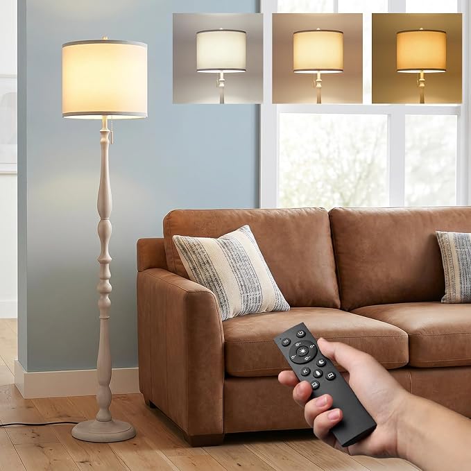 Wood Floor Lamp for Living Room,Farmhouse Standing Lamp with Remote & Dimmable 9W Bulb, Mid Century Standing Tall Lamps for Bedroom Corner Floor Lamps for Nursery, Office, Reading (Antique White)