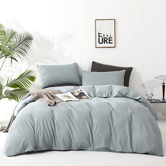 Pureant Dusty Blue Comforter Sets King Solid Light Haze Blue Bedding Comforters Cotton Women Men Plain Color Bed Quilts Modern Light Greyish Blue Blankets Comforters Soft Health Lake Blue Bed