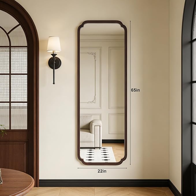 HOMECOOKIN Full Length Mirror Wall Mounted, Rustic Wooden Frame Floor Mirror, Rounded Corner Large Full Body Mirror for Bedroom,Dressing Room， Leaning or Hanging Against Wall (Walnut, 22" L x 65" W)