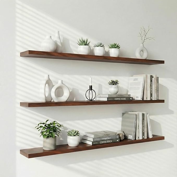 IEO Long Wooden Floating Shelves for Room Wall, Natural Wood Floating Shelves Wall Mounted Kitchen Shelf for Living Room, Bedroom, Kitchen,Bathroom, Storage (Walnut, 60in 3tier)