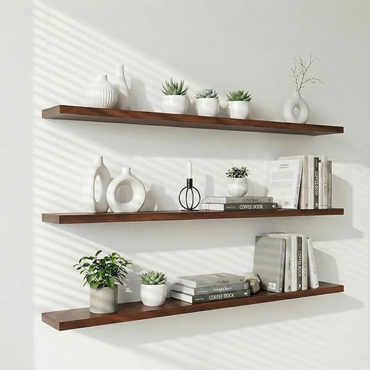 IEO Long Wooden Floating Shelves for Room Wall, Natural Wood Floating Shelves Wall Mounted Kitchen Shelf for Living Room, Bedroom, Kitchen,Bathroom, Storage (Walnut, 60in 3tier)