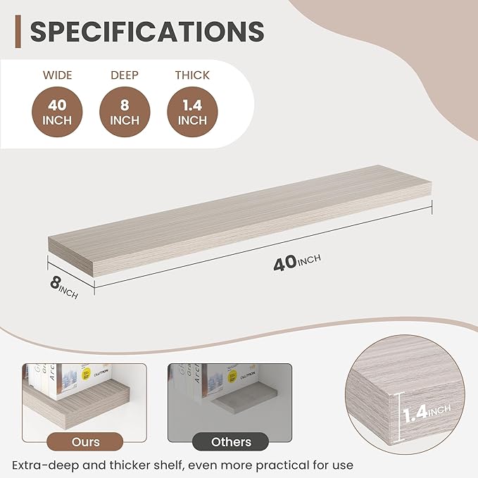 40 Inch Floating Shelves, 8 Inch Deep Floating Shelves for Wall, Hanging Shelf with Invisible Brackets, Deep Shelves for Bathroom, Bedroom, Living Room, Grey, Set of 2