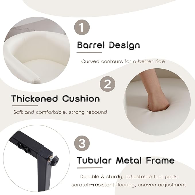 PU Leather Bar Stools, Modern Upholstered Counter Height Bar stools 24" Leather Barstools Barrel Kitchen Counter Island Stools with Black Metal Base, White