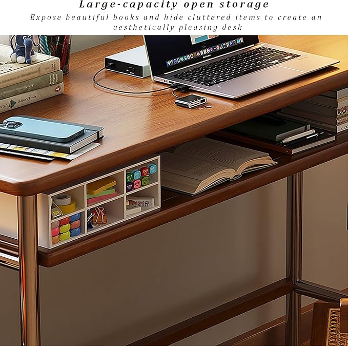 Mid-Century Modern Solid Wood Writing Desk with Storage Shelf Compact Home Office Workstation Stainless Steel Legs Ideal Computer Desk for Small Spaces Black (90x45x75cm)