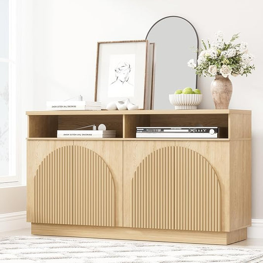Yechen Fluted Sideboard Buffet Cabinet with Arched Reeded Doors, Mid Century Modern Credenza Storage Cabinet with Adjustable Shelves, TV Stand, for Living Room Kitchen Dinning Entryway/Natural Oak