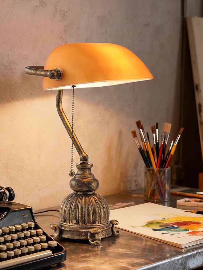 Retro Amber Glass Bankers Desk Lamp with Pull Chain Switch for Home Office, Library, Plug in Fixture, LED Bulb Included