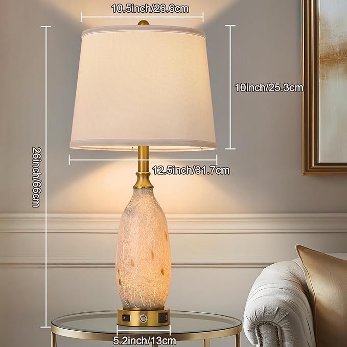 AIDENOEY 26" Modern Art Glass Table & Bedside Lamp, Stepless Dimmable Base + Dimmable 3-Color Light, USB A/C Charging Ports, Touch Control & Switch for Bedroom, Living Room, Office, Study