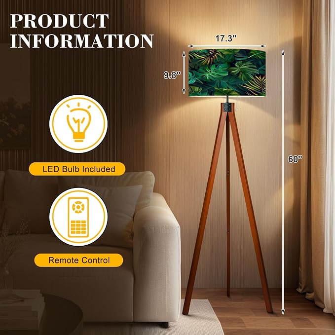 Wood Tripod Floor Lamp Seamless pattern exotic tropical plants modern style Trendy jungle Mid Century Standing Lamp Linen Shade Dimmable Modern Tall lamp Home Decor for Living Room Bedroom Office