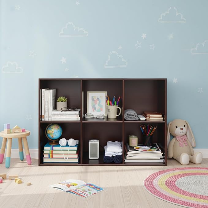 6-Cube Pine Wood Storage Organizer, Solid Wooden Bookshelf with Back Panel, 11in Shelf Opening Bookcase, Freestanding for Living Room, Bedroom, Office - Dark Brown (35.4 x 11.8 x 23.6in)