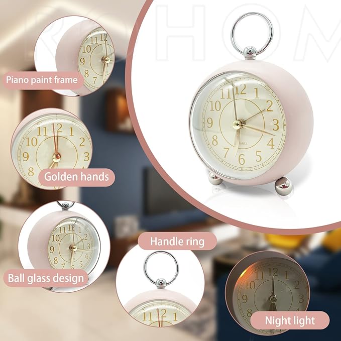 Rohome Vintage Small Alarm Clock with Night Light, Pink, Quartz Movement, Battery Operated, Non-Ticking, Decorative, for Bedside Table, Desk, Kitchen, Bedroom