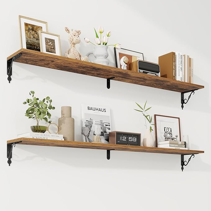 RICHFOCUS Floating Shelves for Wall Decor, 55.1W x 8D Shelf Set of 2, 8 Inch Deep Rustic Wood Shelves Wall Mounted with Brackets, Long Shelves for Living Room Bedroom Kitchen, Rustic Brown
