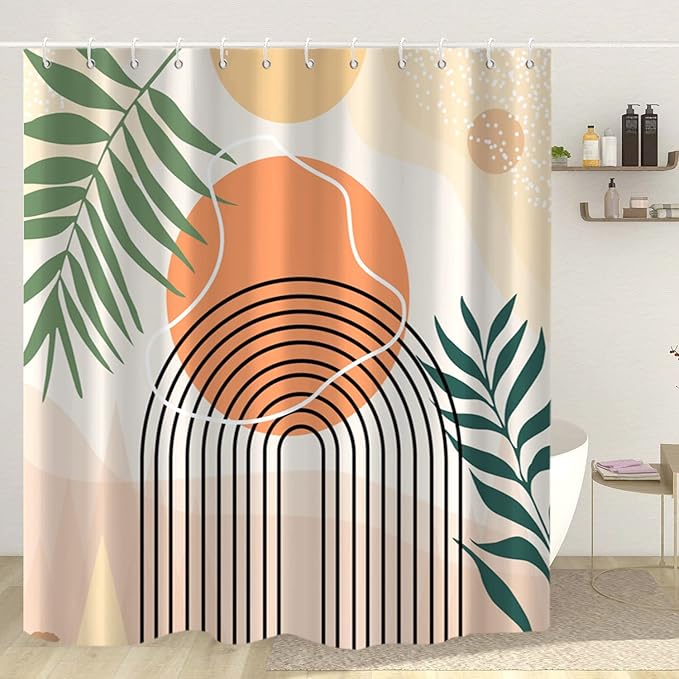 Boho Shower Curtain, Abstract Mid Century Modern Arch Sun Tropical Leaf Machine Washable Waterproof for Bathroom Bathtub with Hooks 72x72