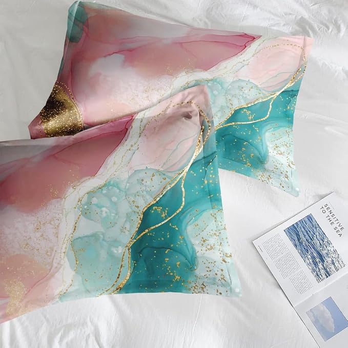 Comforter Set with 2 Pillowcases King Size, Pink Teal Gold Marble, Bed Decor Turquoise Rose Dye Abstract for Kids and Adults, Soft Cozy Bedroom Bedding Set