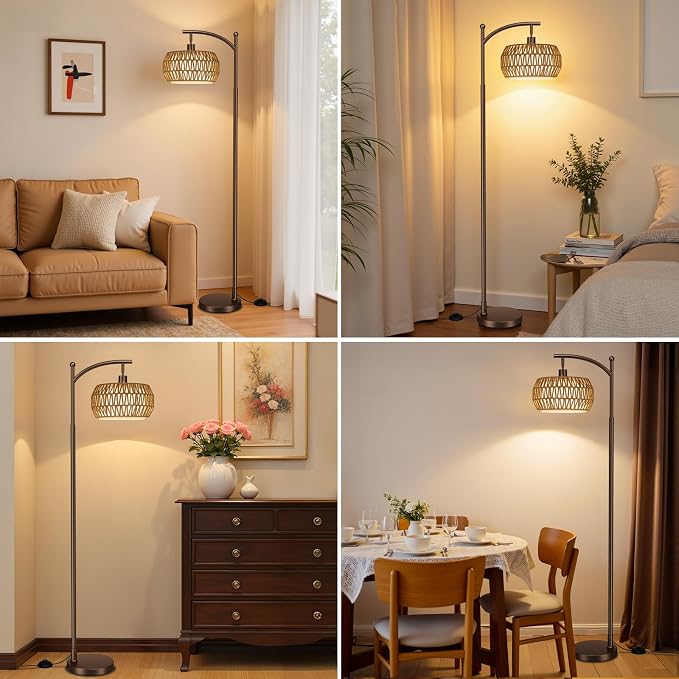 Ambimall Arc Floor Lamp for Living Room with Remote, Color Temperature & Brightness Adjustable, Bohemia Standing Lamp with Rattan & Fabric Double Drum Shades, Bulb Included(Brown)