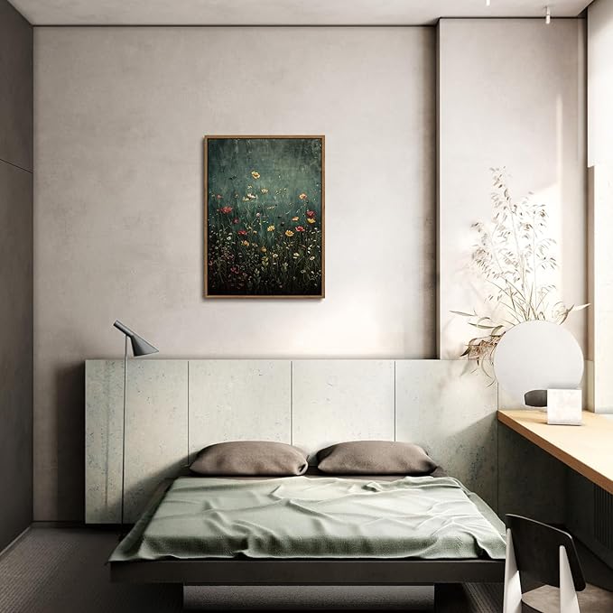 WALLZK Vintage Framed Wall Art Wildflower Canvas Prints Botanical Pictures Green Nature Floral Decor Artwork for Walls Living Room Bedroom Bathroom 16"x24"