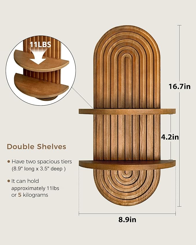 Bamworld Plant Wall Shelf Boho Wall Decor Brown Hanging Plant Shelf Mid Century Modern Decor 2-Tier Wooden Floating Shelves for Home, Bathroom Living Room Office Holding Planter Decoration, 1Pcs