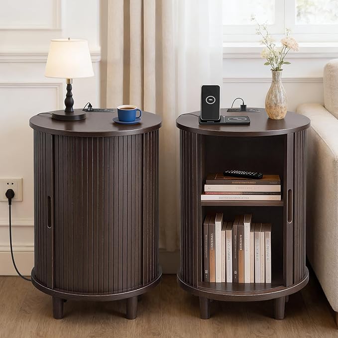 DHH Round End Table with Storage & Charging Station, Fluted Accent Side Table with Sliding Door & Adjustable Shelf, Mid-Century Nightstand for Small Spaces, Living Room, Bedroom (1, Coffee Brown)