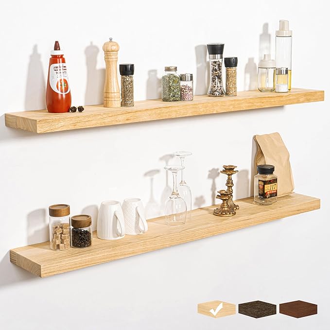 RICHFOCUS Rustic Wooden Floating Shelves for Wall - 48 Inch Wood Shelves Set of 2-7.9 Inch Deep Solid Paulownia Wood Wall Mounted Shelves with Upgraded Metal Brackets for Room Decor, Natural