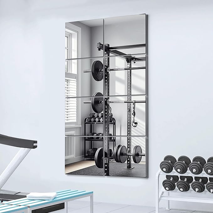 Delma Home Gym Mirrors, 12'' x 12'' Glass Mirror Tiles (8 PCS), Square Large Wall Mirror for Home Gym, Bedroom, Door,Bathroom, Frameless Mirror Sets