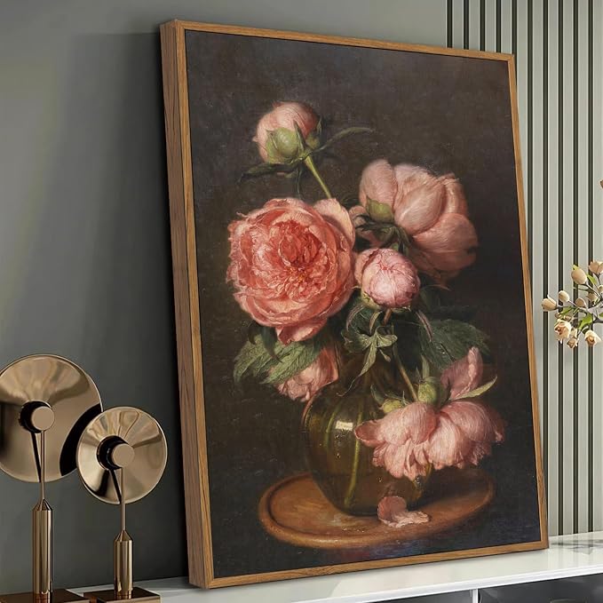 WALLZK Vintage Framed Wall Art Peony Wall Decor Pink Floral Canvas Prints Cottagecore Decor Rustic Farmhouse Pictures Artwork for Walls Living Room Bedroom Bathroom 16"x24"