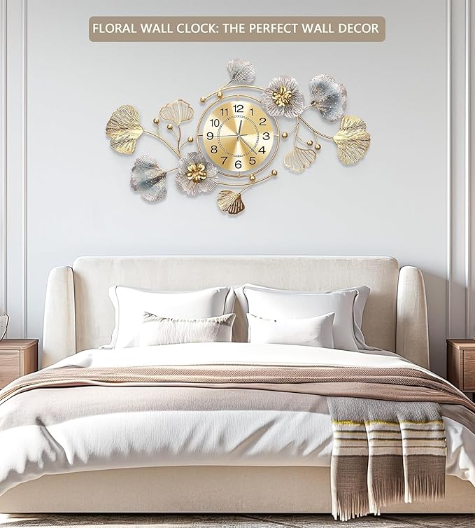 Clocks for Living Room, Large Wall Clock, 3D Silent Wall Clock, Retro Metal Ginkgo Leaf Design, for Bedroom Kitchen Decorative Wall Clocks（47''x23'' ）