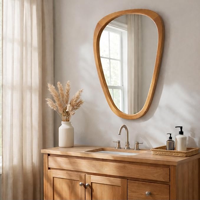 Irregular Asymmetrical Wall Mirror 36"×24" with Solid Wood Frame, Organic Mid-Century Modern Decorative Wall Mirror for Living Room, Entryway & Bedroom