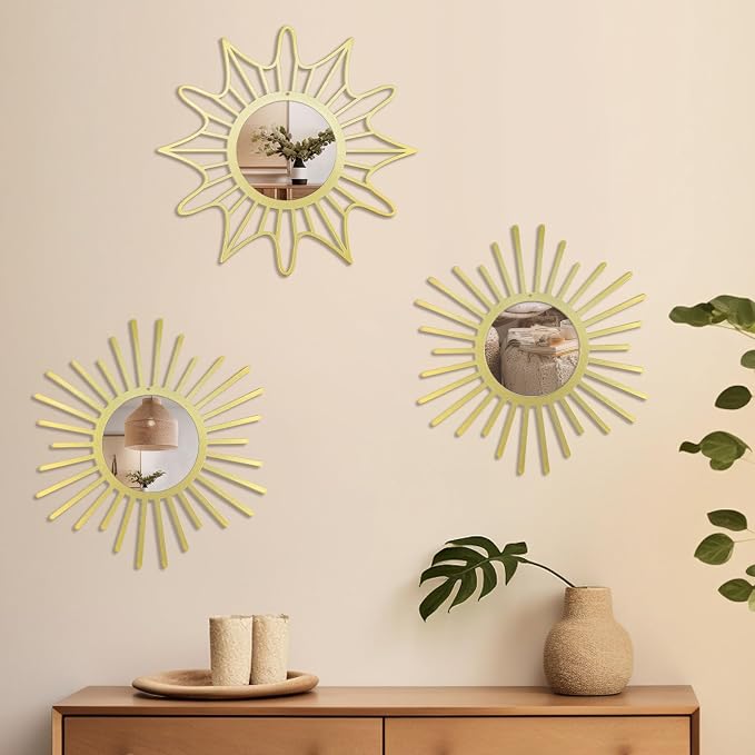 OYEFLY Sunburst Mirrors for Wall Decor 3 Pack Sun Mirror Wall Art Living Room Bedroom Entryway Boho Metal 12 Inch Gold