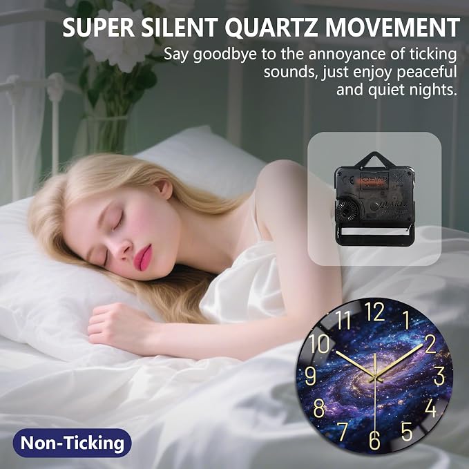 peacoblue Wall Clocks Battery Operated 12 Inch Universe Galaxy and Starry Sky Glass Round Wall Clock Non Ticking for Kitchen Living Room Dining Room Bedroom and Bathroom Decor (Battery not Included)