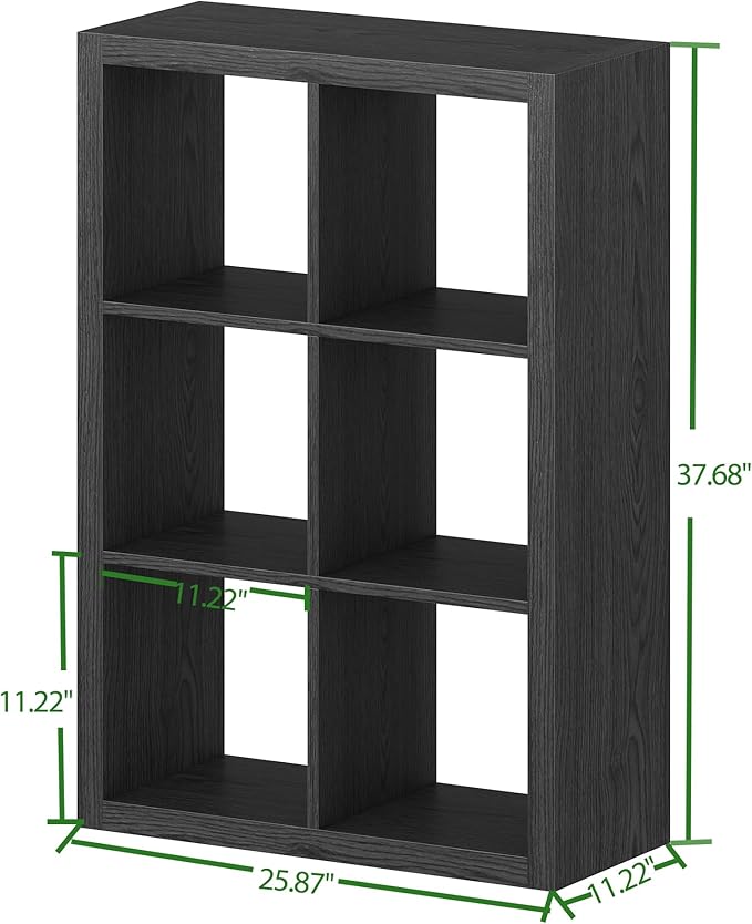 furtble Bookshelf with Storage Bin, 6-Cube Storage Organizer, Modern Wood Open Bookcase, Multifunctional Display Shelf for Living Room, Bedroom, Home Office, Black