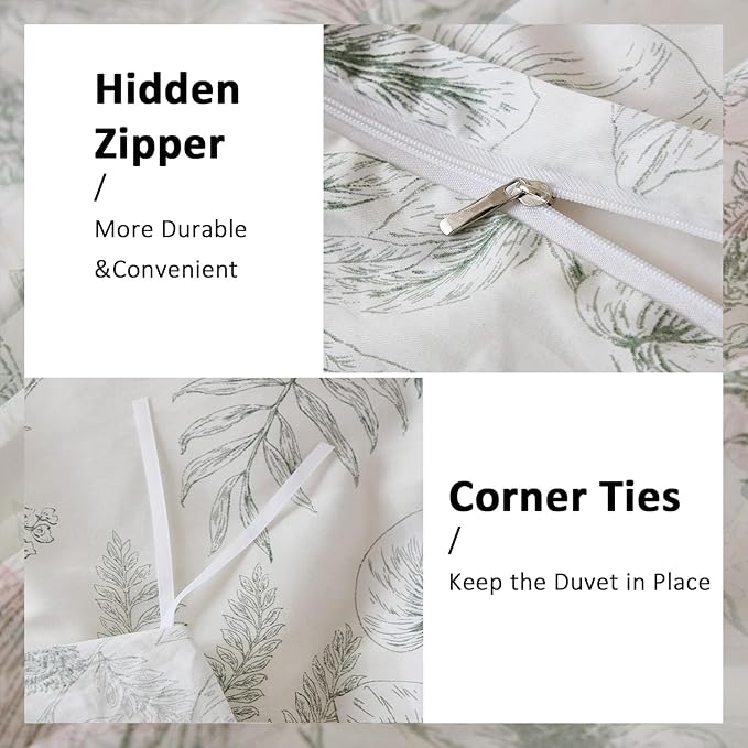 100% Cotton Floral Duvet Cover Set Queen Size Ultra Soft Breathable Blue Floral Grey Leaves Bedding Set for Women with Zipper Closure 3 Pcs Chic Reversible Duvet Cover for All Season