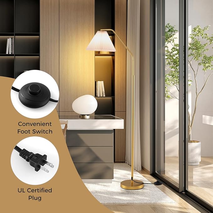Tangkula Arc Floor Lamp, Modern 66”H Tall Standing Lamp with Adjustable Lamp Head, Pleated Lampshade & Foot Switch, Tall Reading Lamp for Living Room, Bedroom & Office (White, 66" H)