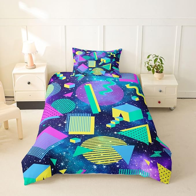 Retro 80s 90s Bedding Set Twin,Abstract Geometric Duvet Cover Urban Modern Circles And Triangle Comforter Cover Colorful Pop Art Inspired Pattern Quilt Cover Mens Hipster Hip-Hop Room Decor