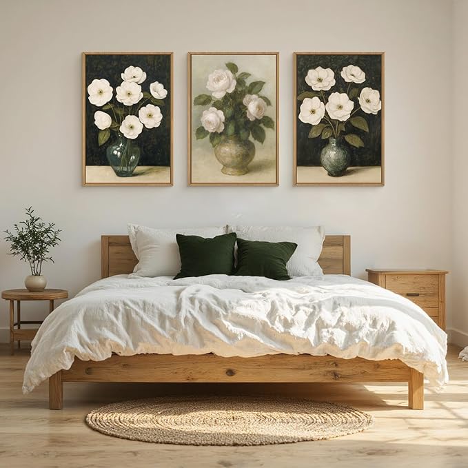 FWIEXA Large Vintage Dark Floral Canvas Wall Art Set of 3,Framed Moody White Flower Wall Art,French Country Aesthetic Botanical Art Prints,Retro Wildflower Artwork for Home Living Room Bedroom 24"x36"