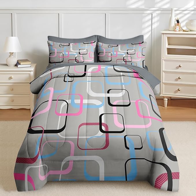 Nesker 7 Pcs Comforter Set Full Size, Geometric Retro Square Bedding Set for Kids and Adults, Grey Colorful Bed Sheet Sets with Fitted Sheet 2 Pillowcases & 2 Shams