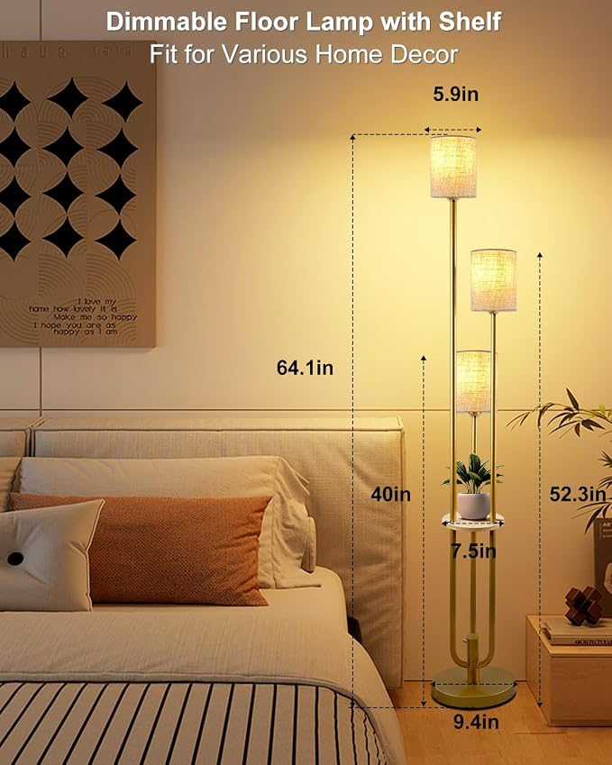 Lightdot 64Inch Floor Lamp with Table Dimmable Gold Floor Lamp for Living Room 3 Lights Mid Century Modern Tall Standing Lamp with Fabric Shade for Bedroom/Sofa Beside/Corner Decor(Bulbs Included)