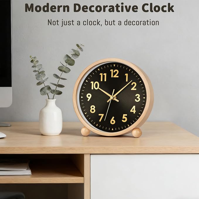 Maxspace Wooden Table Clock,8in Silent Non-Ticking Desk Clock,Battery Operated Desktop Analog Clock for Living Room Office Bedroom Decor (Black Gold - Log, Wooden Ball Base)