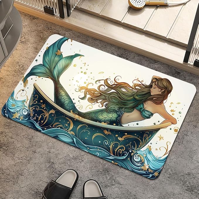 Bath Mat Rug,Beautiful Mermaid Non Slip Quick Dry Super Absorbent Thin Bathroom Rugs Fit Under Door-Easy to Clean Bathroom Floor Mats-Shower Rug for Shower Sink Bathtub(16" x 24"in)