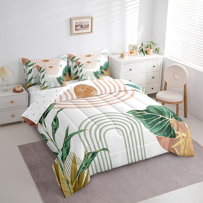 Erosebridal Pink and Green Boho Full Comforter Set with Sheets 7 Piece Aesthetic Mid Century Bed in A Bag Simple Line Botanical Leaf Art Bedding Sets for Women Modern Minimalist Tropical Bed Set