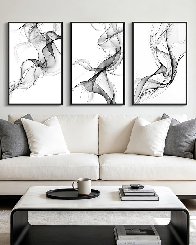 KUVIOKE Black White Abstract Framed Canvas Wall Art Ink Wash Pastel Wall Decor Modern Transparent Fog Illustration Art Painting for Bedroom Dining Room 24x36in (Black Framed)