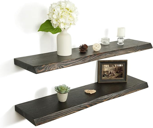 36 Inch Wooden Floating Shelves for Wall Set of 2, Finnish Spruce Solid Wood Shelf, Natural Wood Floating Shelves for Living Room, Bathroom, Bedroom, Kitchen, Country Brown Finish