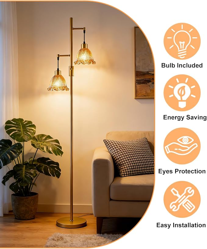 2-Light Modern Glass Floor Lamp, Gold Tall Standing Lamp with Amber Bell Glass Shade for Reading, Dimmable LED Floor Lamp with 5Lbs Heavy Base for Living Room Bedroom Home Decor, Bulb Included