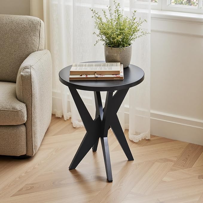 Modern Black Round End Table, Mid-Century Accent Side Table with MDF Top and Crossed Legs for Living Room, Bedroom, Small Spaces, Industrial & Minimalist Style