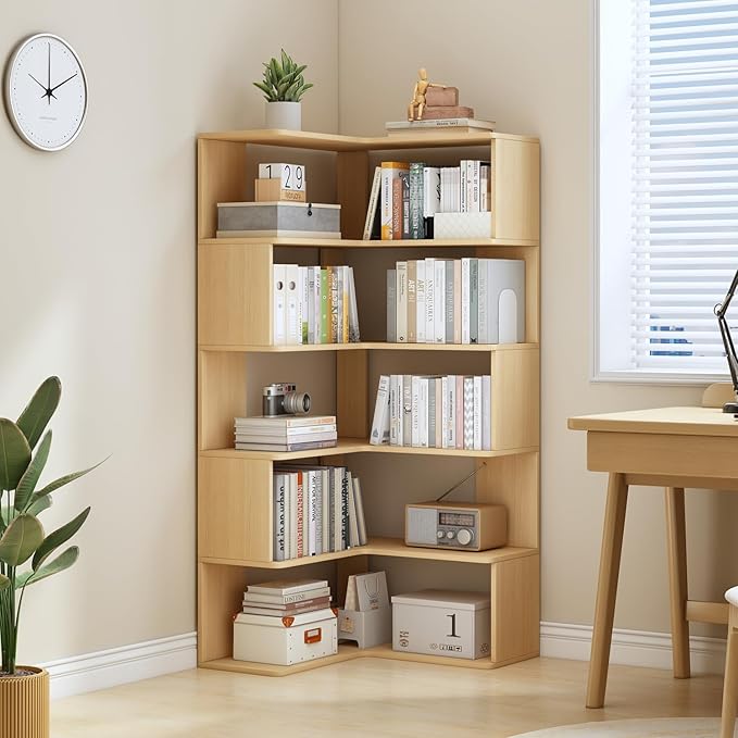 IOTXY 6-Tier L-Shaped Corner Bookshelf - 66" Tall Wooden Freestanding Bookcase with Open Shelf Units, Oak