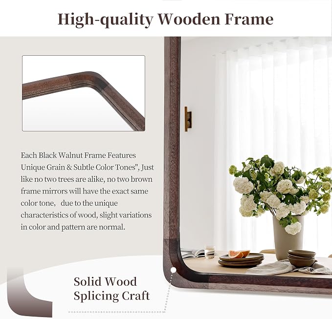 Tanmicoshomy Wood Bathroom Mirror 30 x 48 Inch, Solid Wood Framed Large Rectangle Mirrors with Tempered Glass for Living Room Bedroom Office or Entryway(Dark Brown)