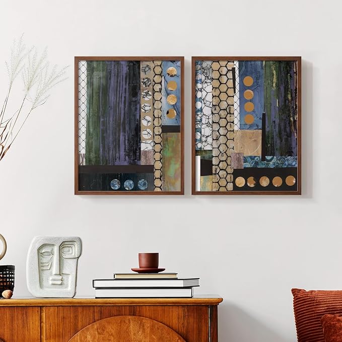 Renditions Gallery Set of 2 Peel & Stick Framed Prints, Geometric Abstract Wall Art, Hexagonal and Circular Pattern Wall Decor, Re-Stickable - Ready to Hang - 16"x20" - Walnut Frame LT588