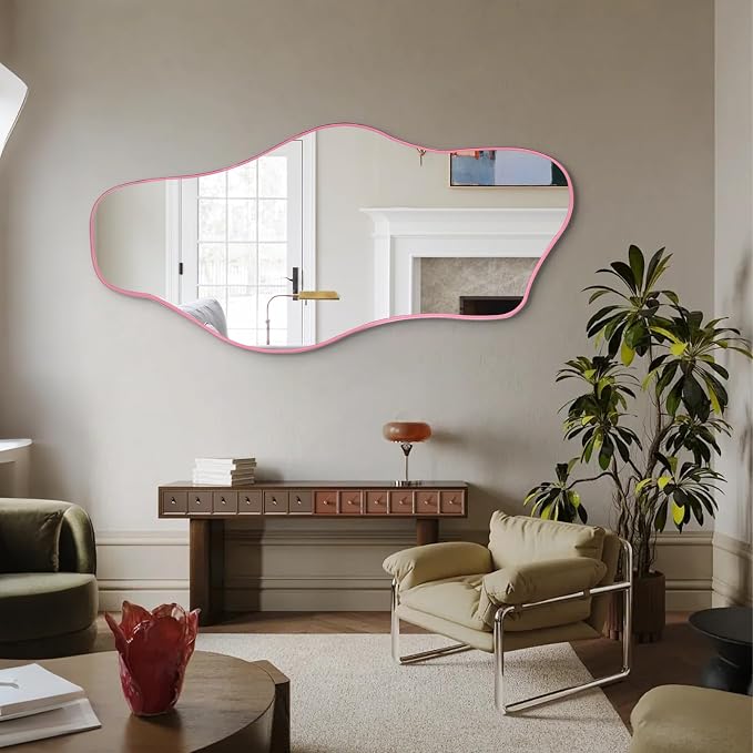 Large Irregular Mirror, 63"x30" Pink Asymmetrical Tempered Glass Mirror Full Length, Organic Frameless Wall Mirrors for Entryway Hallway Bedroom Living Room, Horizontal or Vertical Hanging